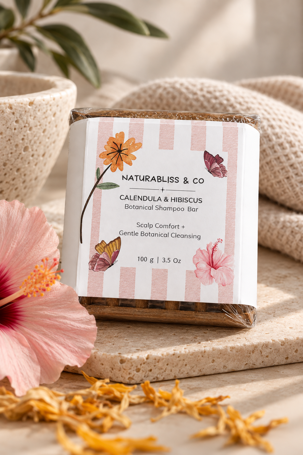 Calendula & Hibiscus Botanical Shampoo Bar | Gentle Scalp Care – 100 g